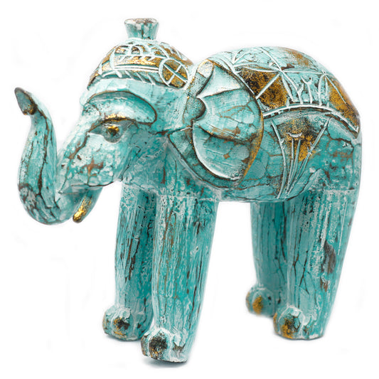 Hout Gesneden Olifant - Turkoois & Goud - 8 x 27 x 24cm - Cozy Home Store
