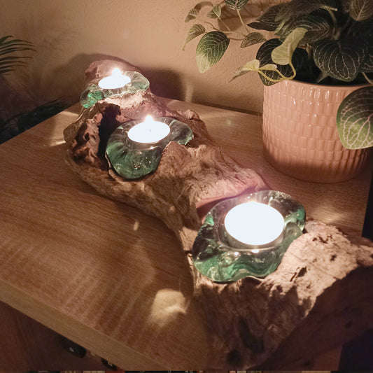 Gesmolten Glazen Platte Drievoudige Kandelaar op Hout - Cozy Home Store