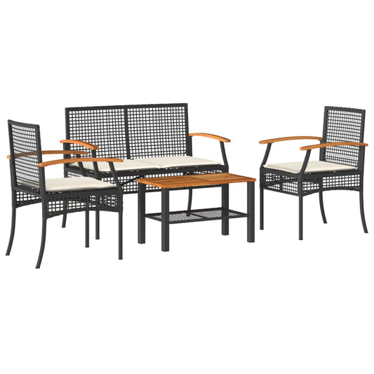 4-Delige Loungeset Met Kussens Poly Rattan Zwart Beige