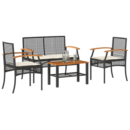 4-Delige Loungeset Met Kussens Poly Rattan Zwart Beige