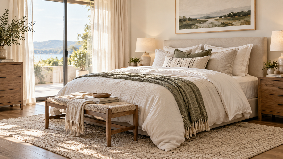 Bright cozy bedroom with premium neutral bedding